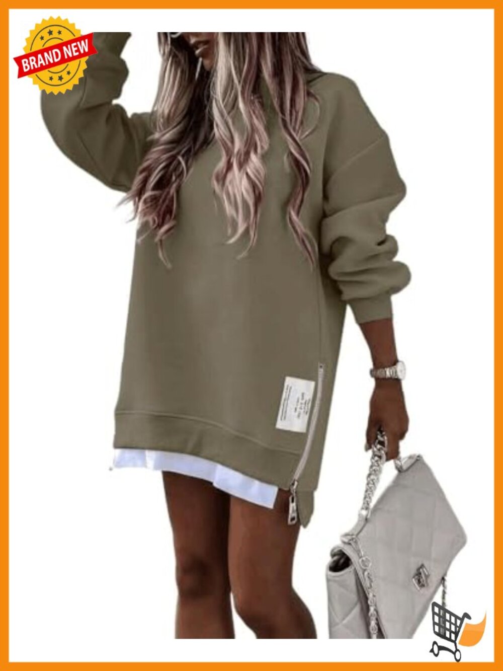 Oversized Crewneck Sweatshirt Side Zipper Slit Pullover Top
